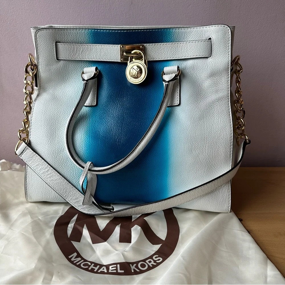 MICHAEL KORS Hamilton Spray Large Pebble Leather Tote Bag White/Blue